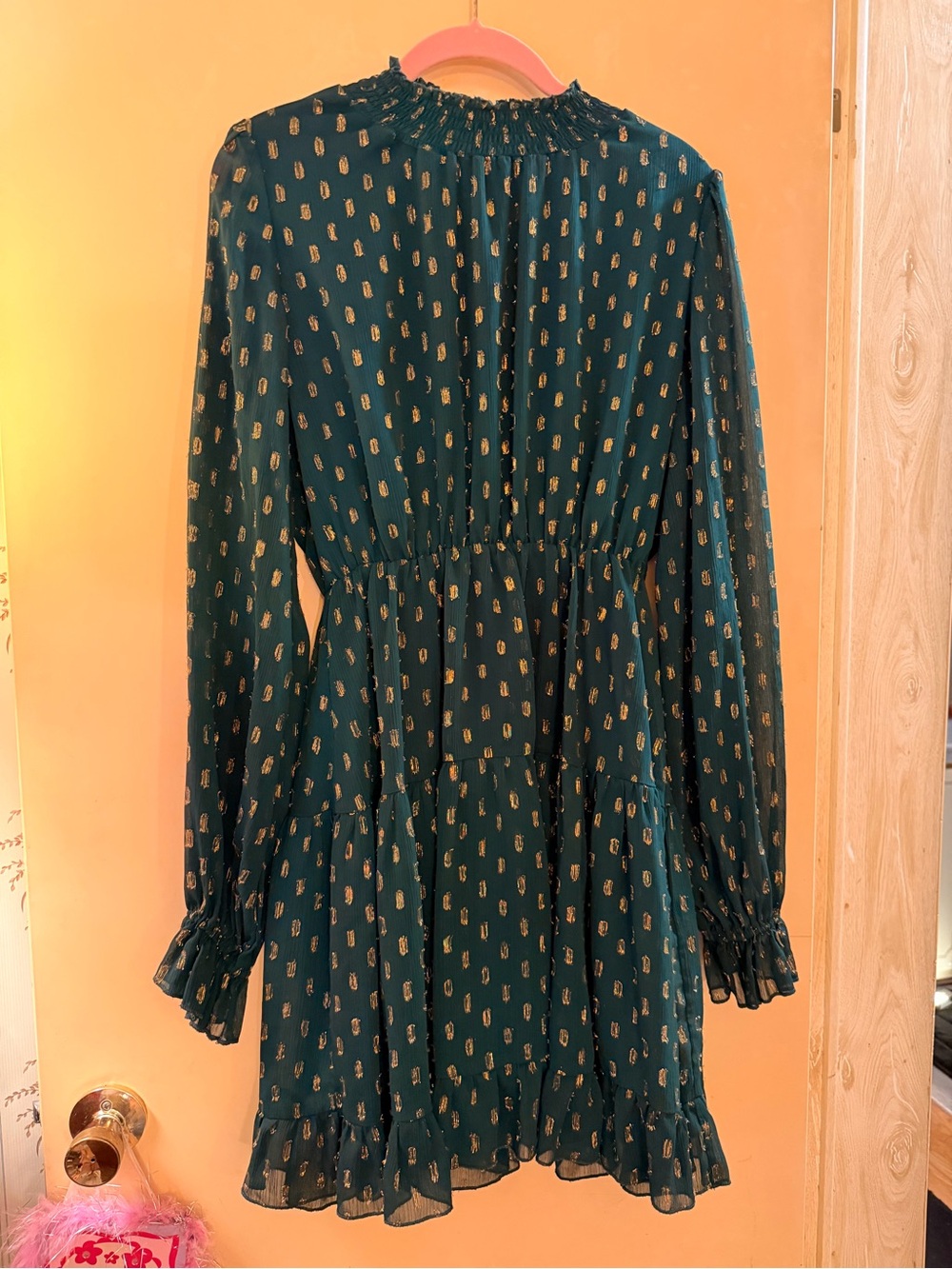 Long Sleeve Teal Green Tiered Dress with Metallic Gold Dots